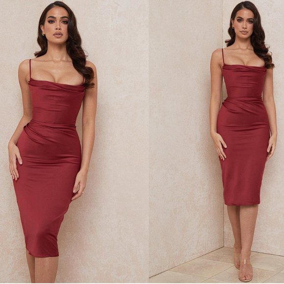 HOUSE OF CB 'Anja' Wine Satin Corset Midi Dress NWOT - Picture 2 of 10
